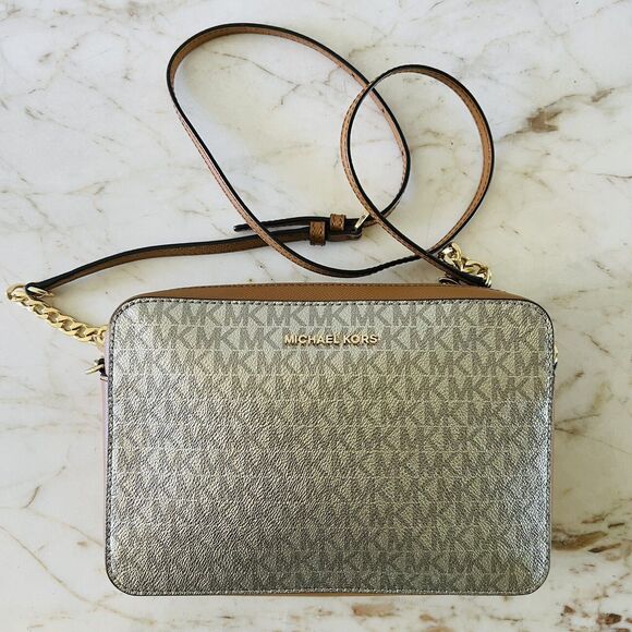 MICHAEL KORS Jet Set Item Silver Brown Leather Zip Chain East West Crossbody Bag - Picture 1 of 10